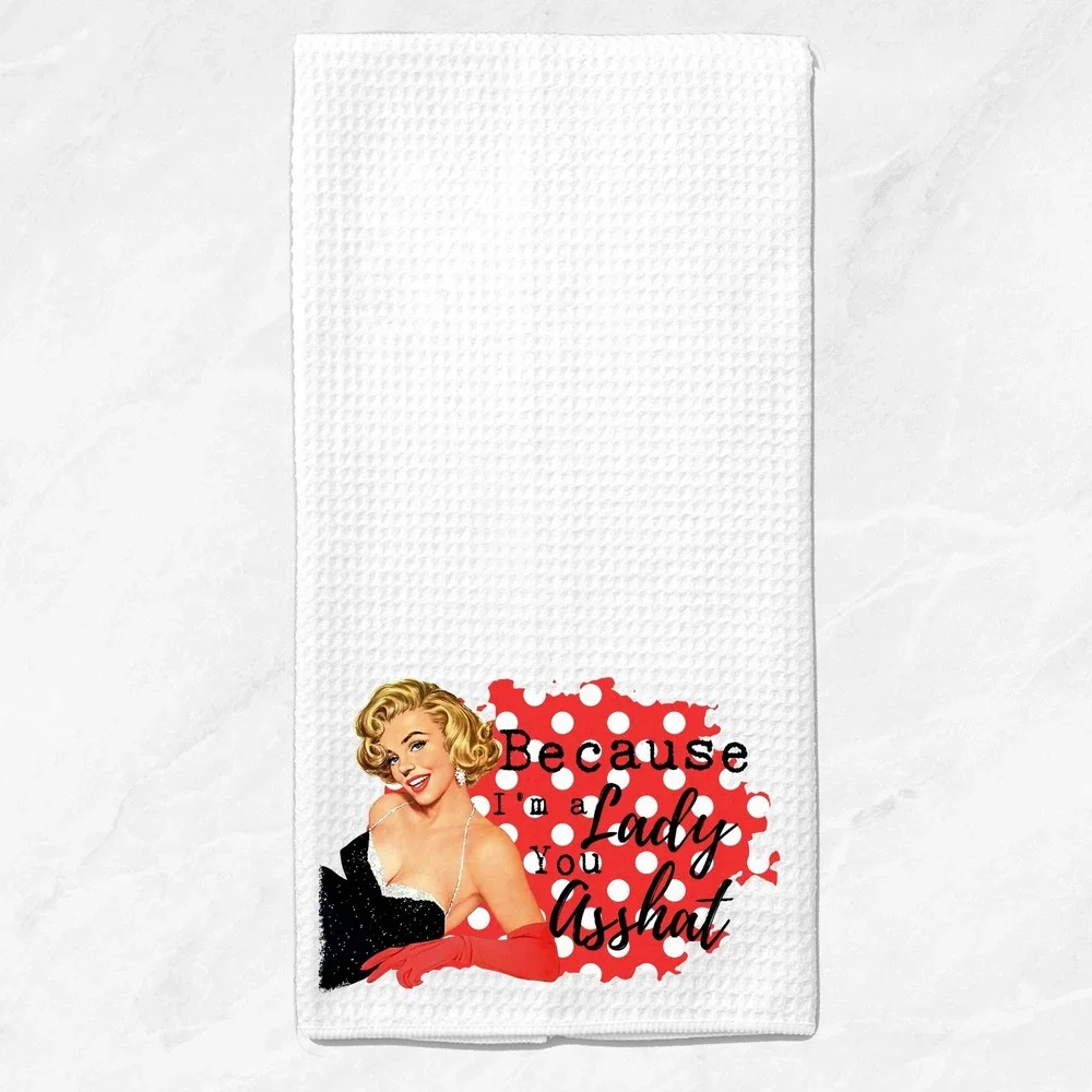 Retro Pinup Waffle Weave Kitchen Towel Because I'm a Lady You Asshat White Red